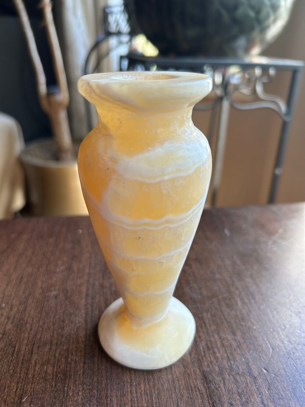 Vintage Alabaster Stone Vase Honey Yellow Beige White Handmade Egyptian 5.5”